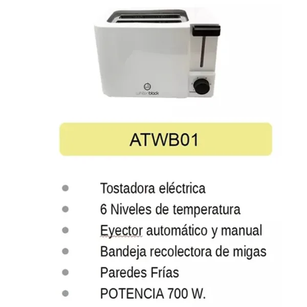 Tostadora Whitenblack By Liliana Atwb01 6 Niveles 700w 2 Reb Color Blanca - Imagen 5