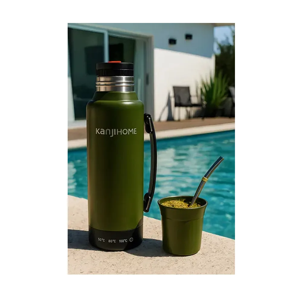 Termo Eléctrico T-Mate 1 Litro Tapa Mate y Bombilla Color Verde Kanji Home - Imagen 2