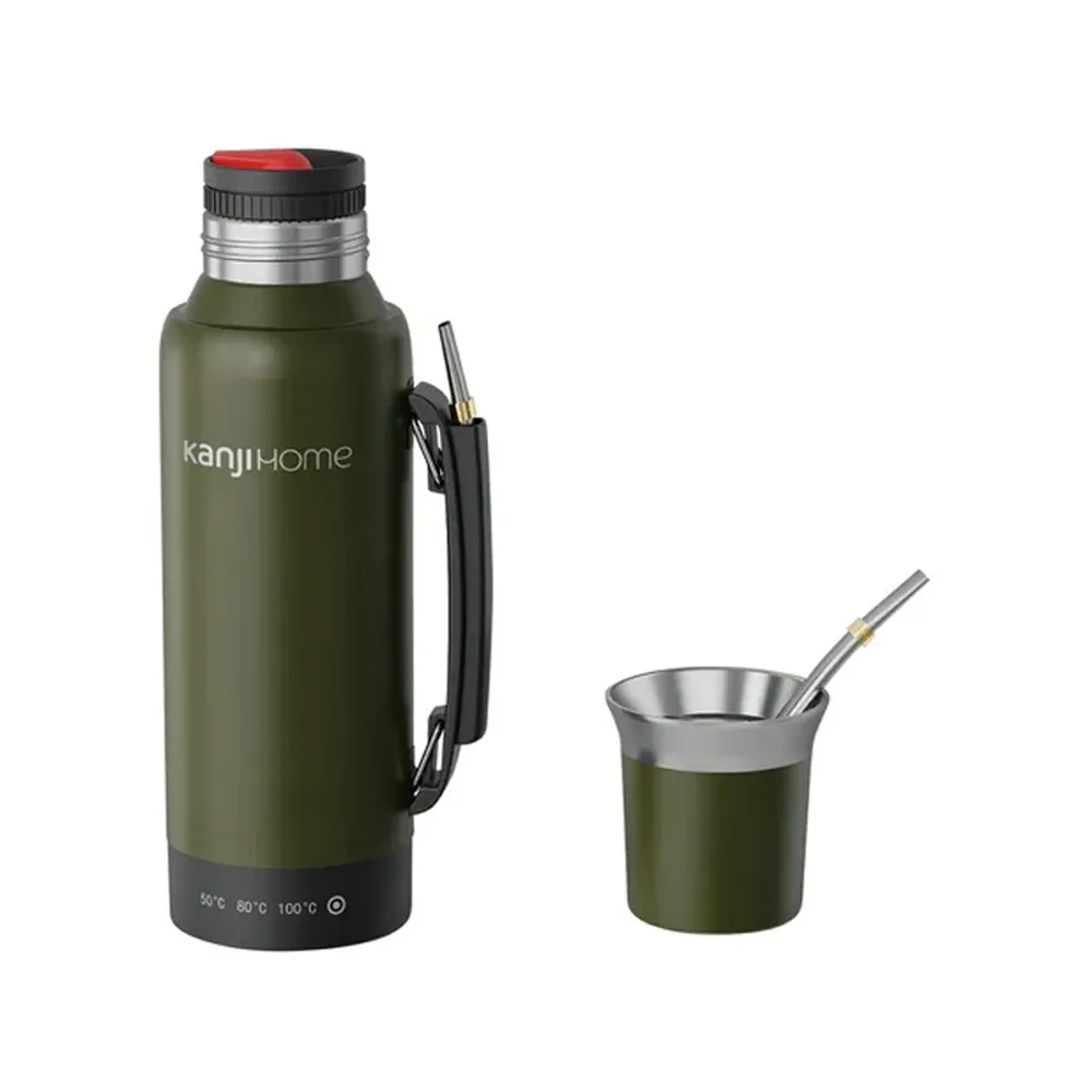 Termo Eléctrico T-Mate 1 Litro Tapa Mate y Bombilla Color Verde Kanji Home