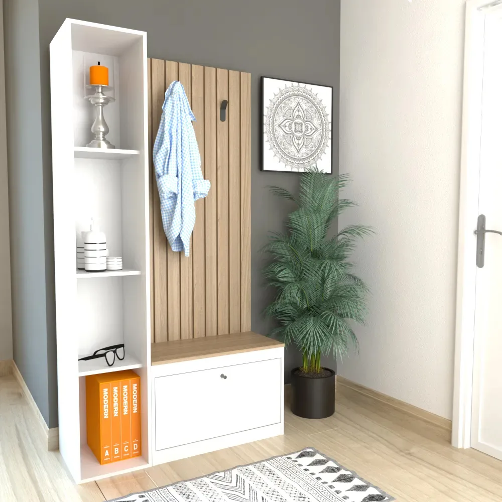 Recibidor Mueble Organizador Con Zapatero Y Estanteria Hogar Color Olmo Con Everest - Imagen 2