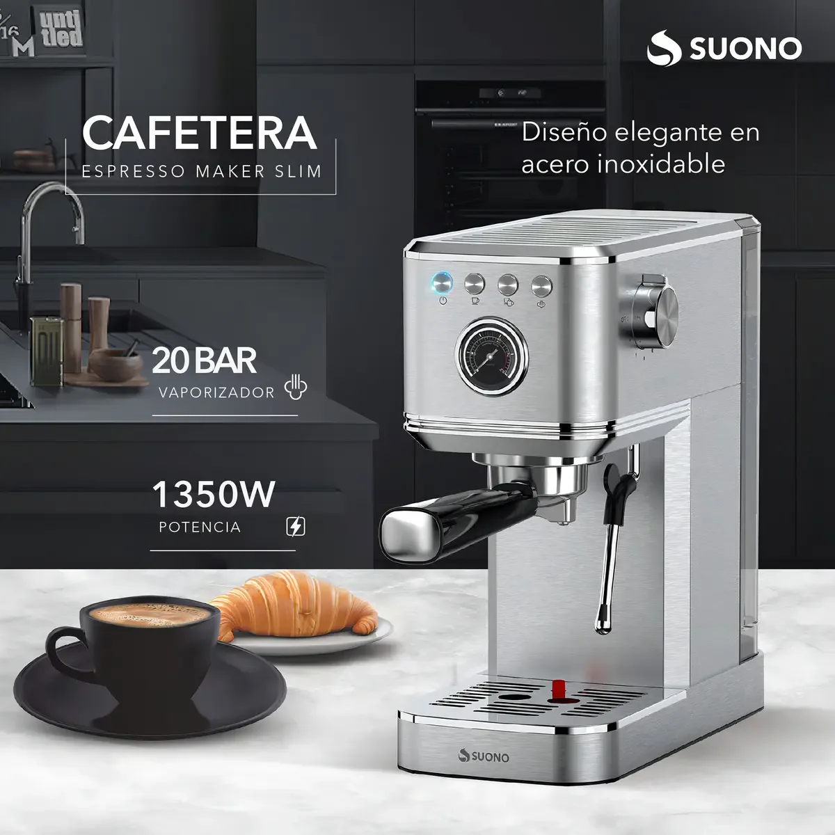 Cafetera Suono Slim 20bar Capsula Inox - Imagen 2